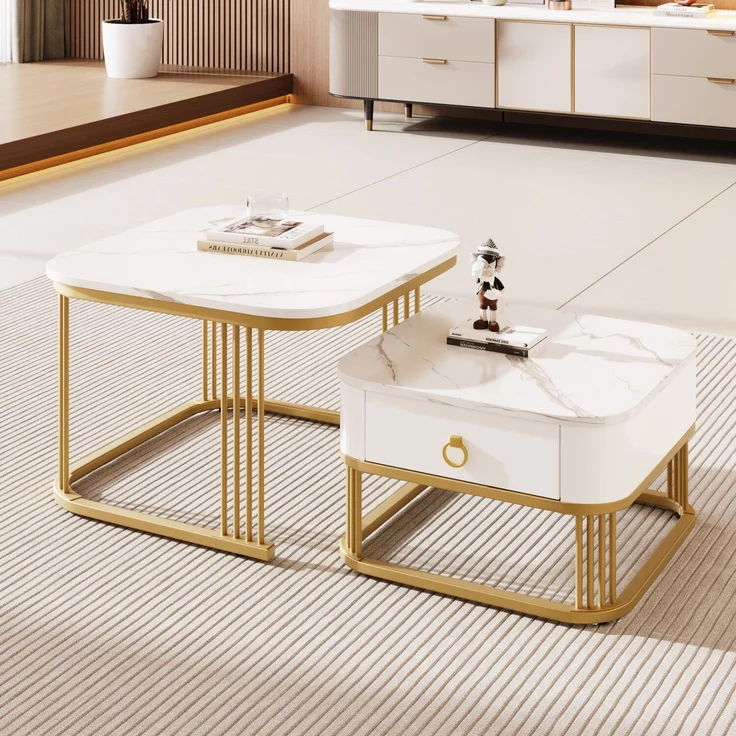 Merax Couchtisch Set Marmoroptik mit Schublade, Beistelltisch hochglanz, Satztisch,Wohnzimmertisch, Gold | Weiß – Bild 1