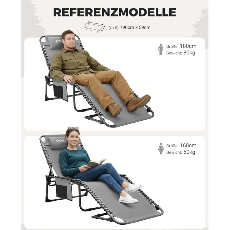 KingCamp Sonnenliege Klappbar 2er Set Gartenliege Campingliege 5-Stufig Verstellbarer Rückenlehne Liege Gartenstuhl Strandliege Camping Klappbett mit Kopfkissen für Garten Urlaub Outdoor Strand Pool – Bild 10