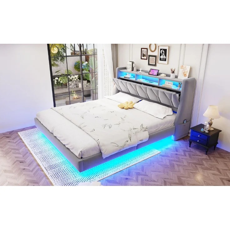 U-life Polsterbett 180x200 cm, fürs Schlafzimmer, klappbar, LED-Beleuchtung, Gepolstertes Kopfteil, Verbreiterte Bettbeine, Sperrholz, Hellgrau – Bild 5