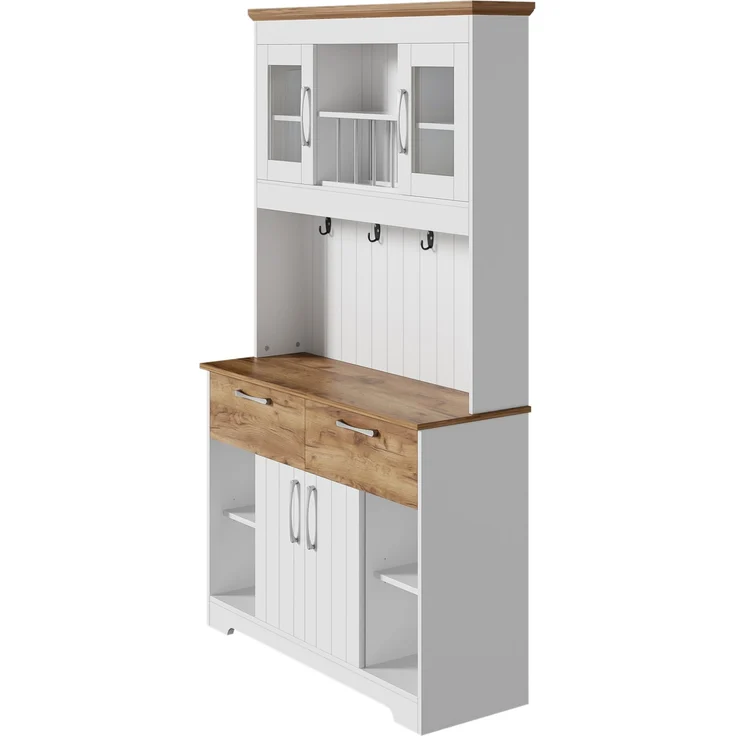 DESVIAE Sideboard mit Vitrinenfächern und 2 Schubladen 106x176,5x39 cm Spanplatte Weiß/Holzfarben – Bild 8