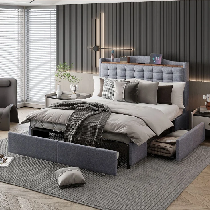 Polsterbett 140x200 cm mit 4 Schubladen und USB-Kopfteil – Leinenstoff Grau, flaches Doppelbett – Bild 3