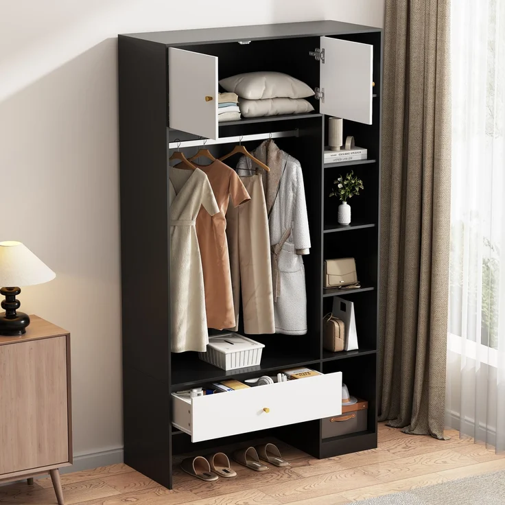 Merax Kompakte Flurgarderobe in Schwarz+Weiß Garderobenset mit 2 Türen, 6 Fächern, Kleiderstange & Schublade – Bild 2