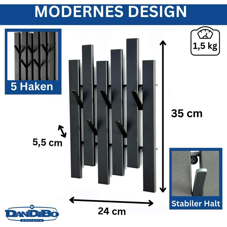 DanDiBo Garderobe Wand Schwarz Metall 96739 Wandgarderobe mit 5 Haken Schmal Garderobenpaneel Flurgarderobe Modern Hakenleiste Garderobenhaken – Bild 2