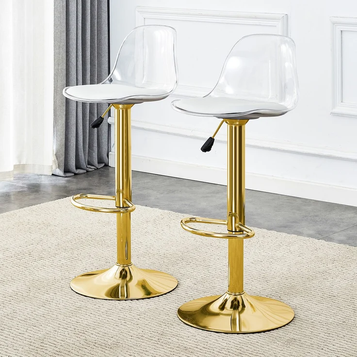 2er-Set Barhocker, höhenverstellbar H 104 x T 40.5 x B 40.5 cm, transparente Rückenlehne, goldfarbenes Metallgestell – Bild 1