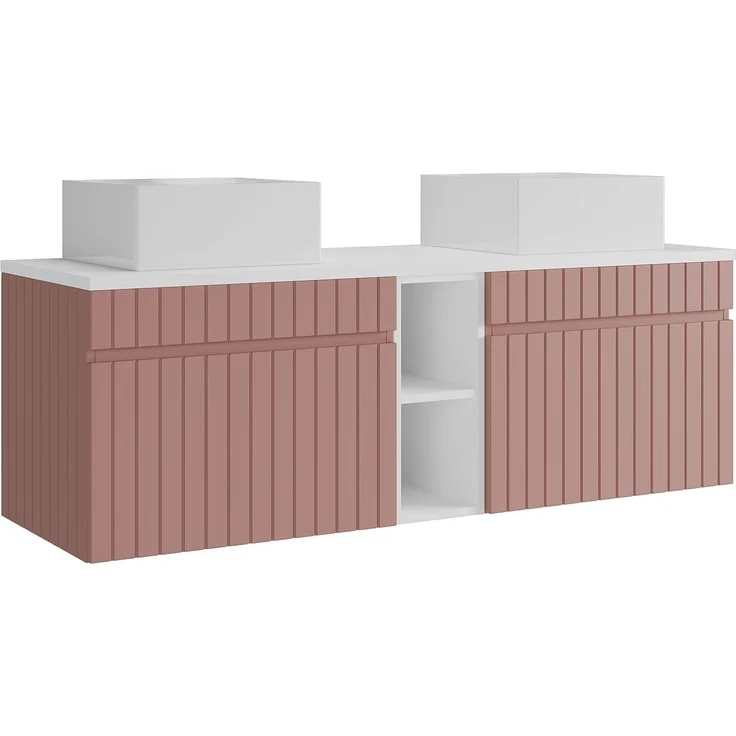 Vente-unique - Hängender Badezimmer-Unterschrank gerillt mit Fächern und Doppel-Aufsatz-Waschbecken quadratisch – Rosa – B140 cm – SATARA – Bild 5