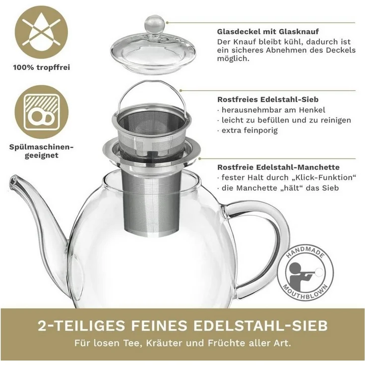 Creano Teekanne Creano Glas-Teekanne 1,0l, 3-teiliger Teebereiter mit integriertem, 1000 l, 1x Glasteekanne – Bild 2
