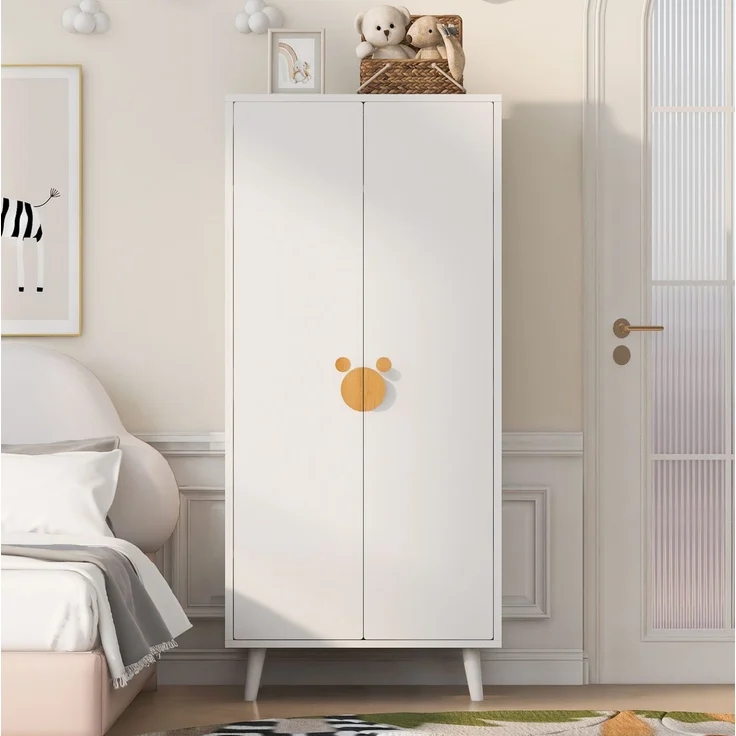 Kleiderschrank 140 x 55 x 170 cm mit Doppeltüren, Kleiderstange und Schubladen, Weiß und Holzfarbe – Bild 2