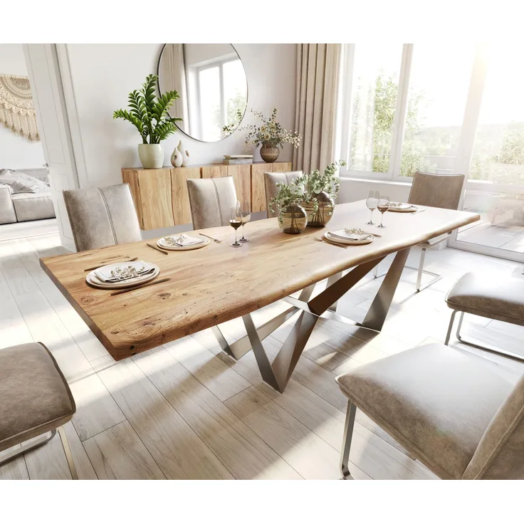 Esstisch Edge 260x100 Akazie Natur Spider Flachstahl Edelstahl Live-Edge