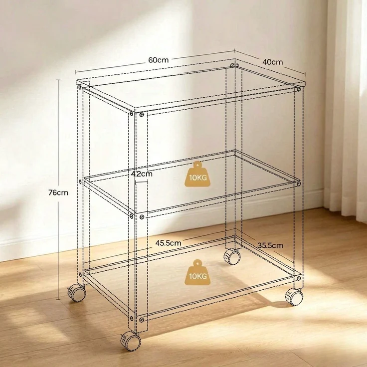 Küchenwagen 60 x 40 x 76 cm aus Metall und Holzwerkstoff, 3 Ebenen, Weiß und helle Eiche – Bild 4