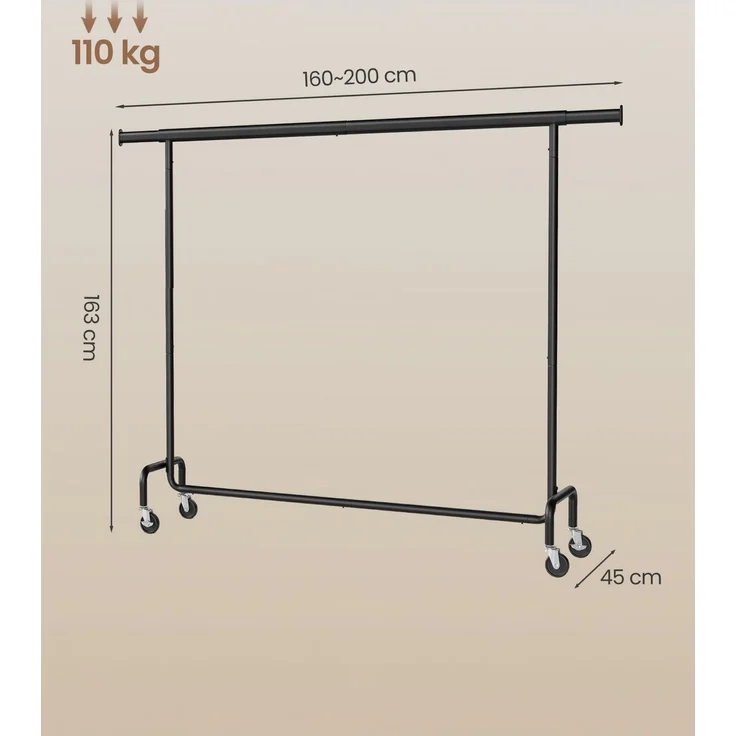 SONGMICS Kleiderständer auf Rollen, ausziehbare Kleiderstange, bis 110 kg belastbar, 45 x (160-200) x 162,9 cm, schwarz – Bild 3