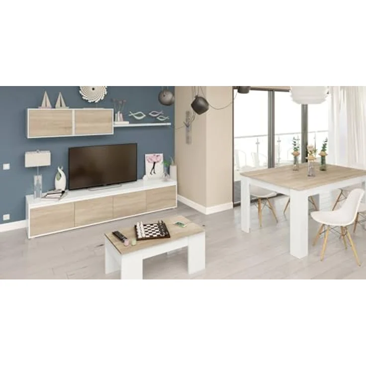 Dmora - Wandsystem Savannah, TV-Ständer, Wohnzimmermöbel, Zusammensetzung des Wohnzimmersets, Wohnzimmerset mit Schrankwand, 200 x 41 x 43 cm, Weiß und Eiche – Bild 5