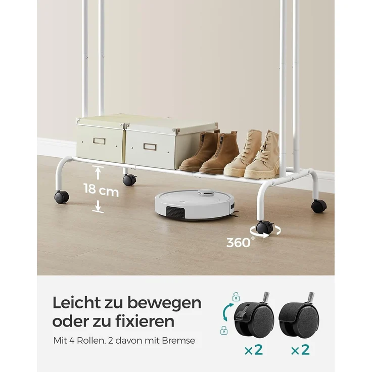 SONGMICS Kleiderständer auf Rollen, 2 Kleiderstangen, Garderobenstange, Garderobenständer aus Stahlrohren, bis 100 kg belastbar, 103,5 cm breit, multifunktionale Aufbewahrung, weiß HSR107W01 – Bild 5