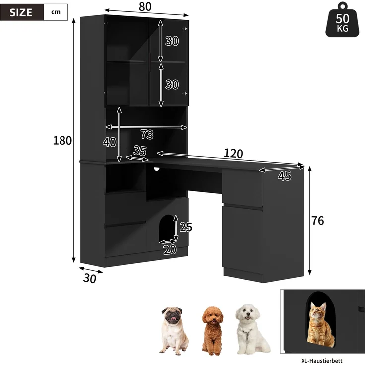 Eckschreibtisch 120x80x180 cm mit MDF-Regal, LED-Vitrine und 3 Schubladen – Bild 5