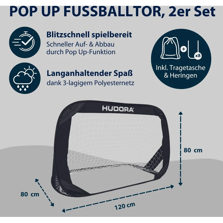 Hudora Pop Up Fußballtor mit Tragetasche, 2er Set, 120x80 cm, Schwarz – Bild 3