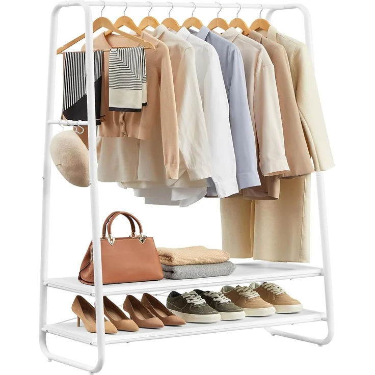 Vasagle Kleiderständer, Garderobenständer, Garderobe, 2 Ablagen, 6 Haken in S-Form, Stahlgestell, für Schlafzimmer, Flur, Eingangsbereich, wolkenweiß-mattweiß – Bild 1