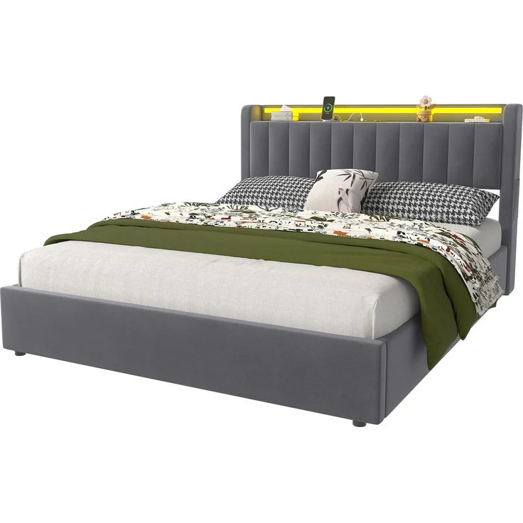 Polsterbett 160 x 200 cm aus Samt mit Stauraum, USB-Anschluss und LED-Beleuchtung, Dunkelgrau – Bild 7