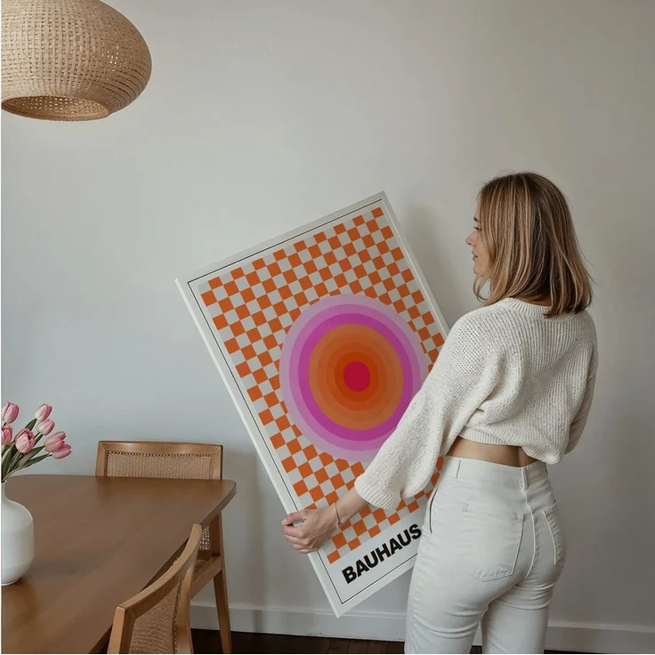 JUSTGOODMOOD Poster Bauhaus Abstrakte Kunst Pink Orange Kreis auf Schachbrett Muster Moder, (1 St) – Bild 2