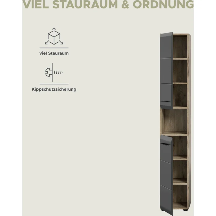Hochschrank (B/H/T: 30x185x30 cm) in schwarz matt und Nox Oak Nachbildung – Bild 7