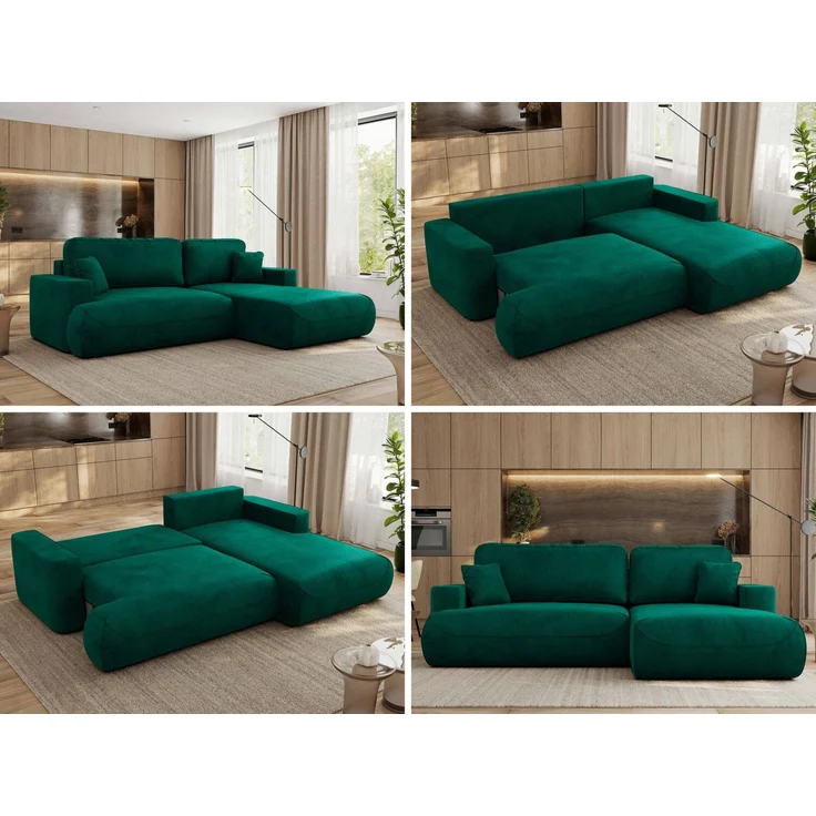 Ecksofa OVO mit schlaffunktion und bettkasten, Wellenfeder, lose Kissen, L-form 271x195 cm - Dunkelgrün Velvet - rechte Seite – Bild 2