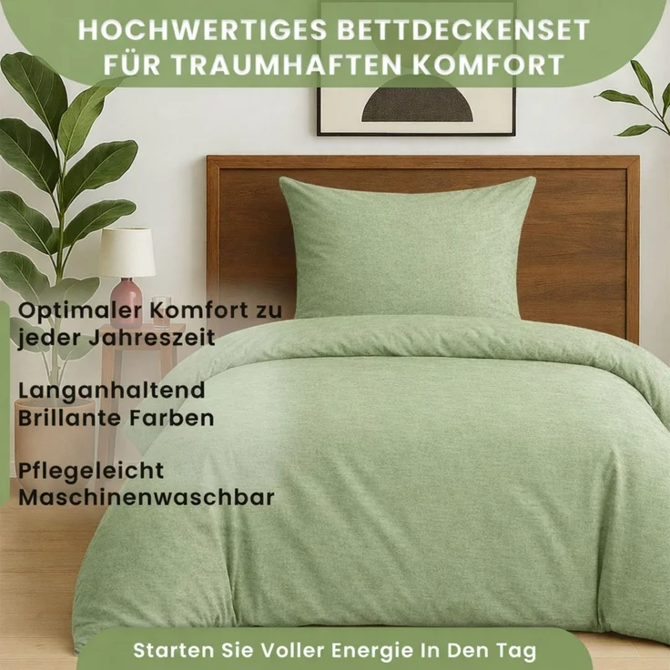 Julido Jersey Bettwäsche 155x220 80x80 Baumwolle Set Druckknopf weich Grün Melange – Bild 4