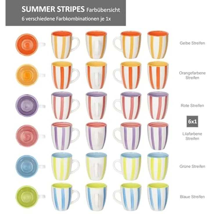 MamboCat Becher Summer Stripes 6er Set Kaffeebecher 340ml bunt Streifen Steingut-Tasse, Steingut – Bild 4