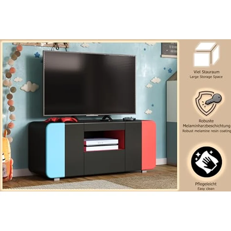 trendteam smart living - Level Up - TV-Schrank - Schwarz/Rot/Blau - Gaming-Lowboard passend für z.B. Nintendo Switch - (BxHxT) 115 x 49 x 42 cm - Mit LED-Spot BLAU, 4er-Set – Bild 5