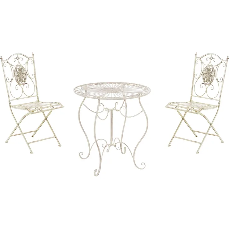 Outdoor Sitzgruppe RIZAR - Metall Antik-creme 42x49x91.5 cm | Gartenmöbelset 2 Personen Metall Vintage Balkonmöbel Set Bistrotisch Terrassenmöbelset