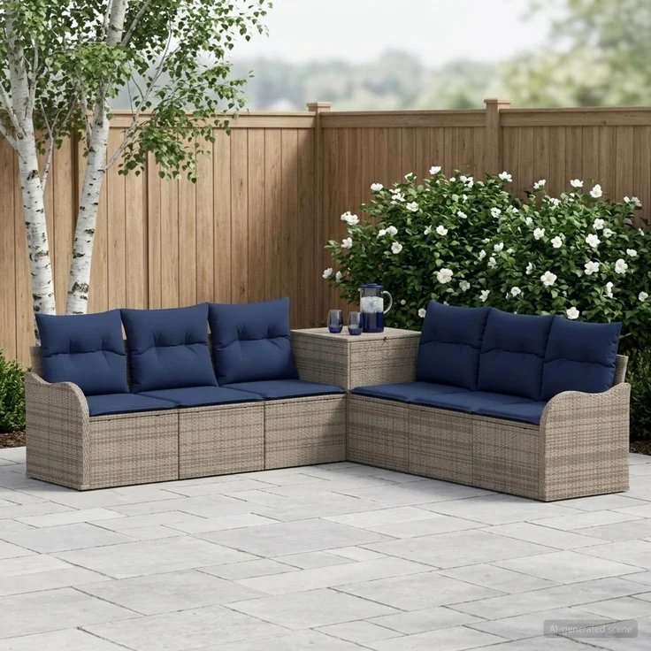 vidaXL Sofa Set 7 stk. Grau und Marineblau Polyrattan und Stahl 3448685 – Bild 1