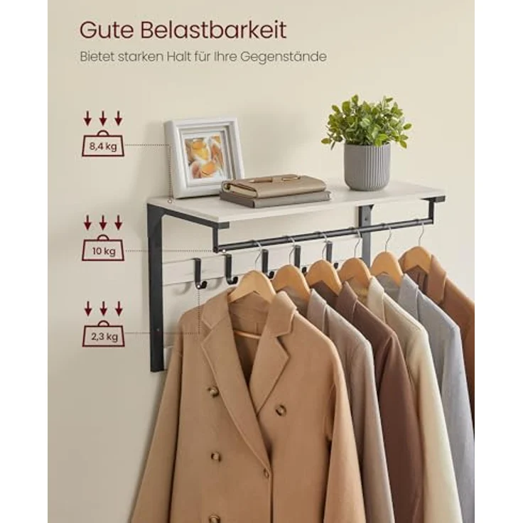 VASAGLE Wandgarderobe, mit Ablage, Wandregal mit 10 abnehmbaren Haken, Hängeregal, Wandmontage, 2 Garderobenleisten, Kleiderstange, für Flur, Schlafzimmer, Badezimmer, vintageweiß-schwarz LCRDE101W03 – Bild 5