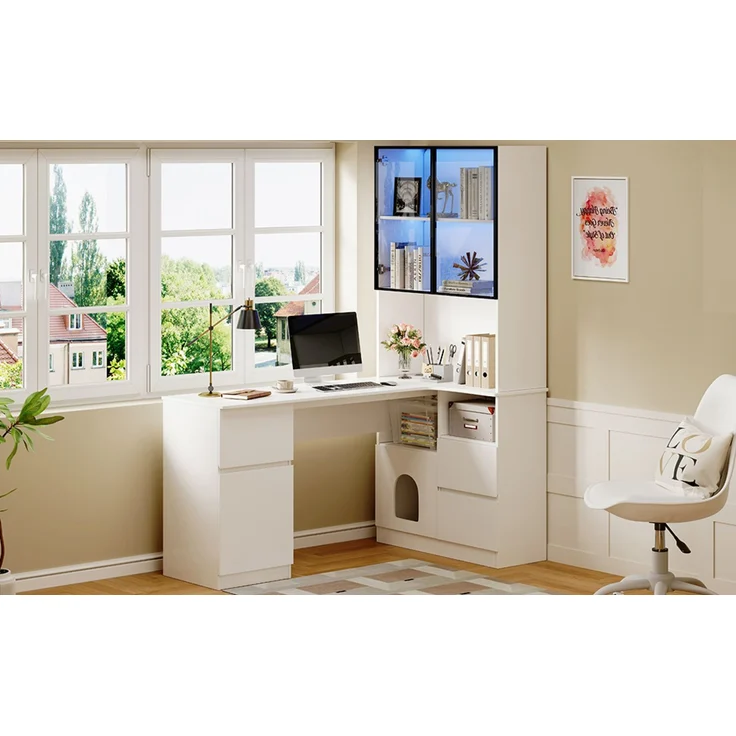 Flieks Eckschreibtisch mit LED-Vitrine & Regal 120×80×180 cm, Computertisch mit 3 Schubladen, 2 Türen, Haustierfach, Rechte Ecke, Weiß – Bild 10