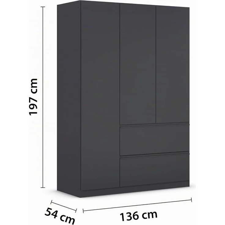 rauch Kleiderschrank, Drehtürenschrank COSTA, 3-türig, 2 Schubkästen, push-to-open, Grau metallic, 136 x 197 x 54 cm – Bild 3