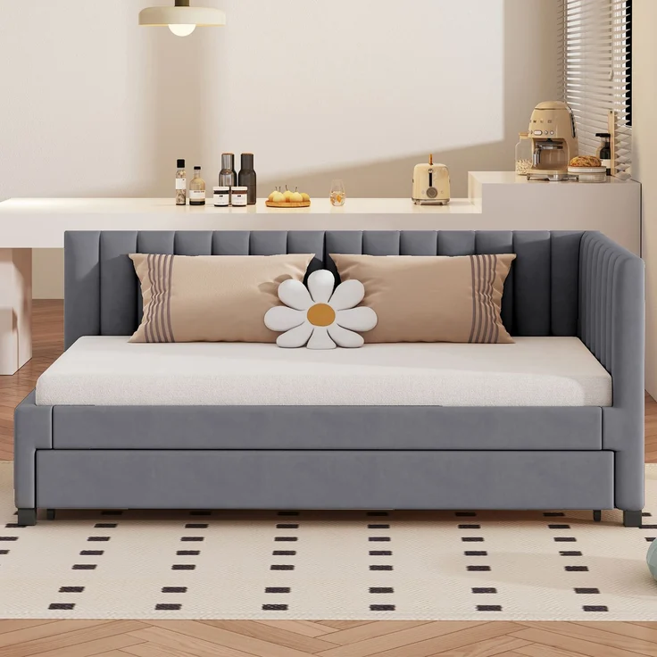 Polsterbett 90*200, Ausziehbares Schlafsofa, Multifunktionsbett mit Lattenrost, Jugendbetten Kinderbetten Gästebetten, Samtstoff Grau – Bild 2