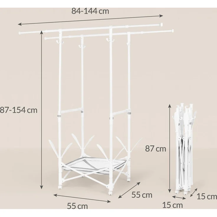Todeco Wäscheständer ohne Montage, Turmwäscheständer ausziehbar mit Schuhregal, Höhenverstellbarer Standtrockner platzsparend für Balkon Wohnzimmer Wäscheraum, (84-144) x(87-154) x55cm – Bild 3
