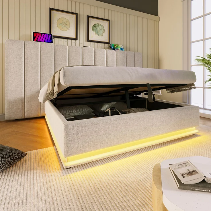 FAVSH Polsterbett 160x200CM mit Bettkasten, Doppelbett Stauraumbett App Control LED und USB-C Ladefunktion, Doppelbett mit Lattenrost Jugendbett Stauraumbett Bettgestell Leinen Ohne Matratze, Beige