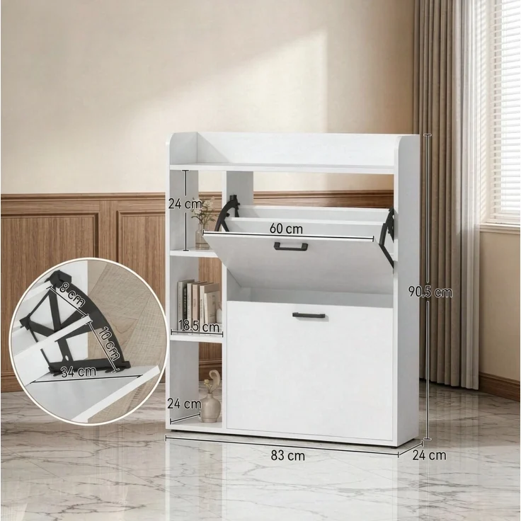 DESVIAE Garderobenschrank Weiß aus Spanplatte – 83x90,5x24 cm – 2 Kippfächer, 3 Seitenfächer – Bild 8
