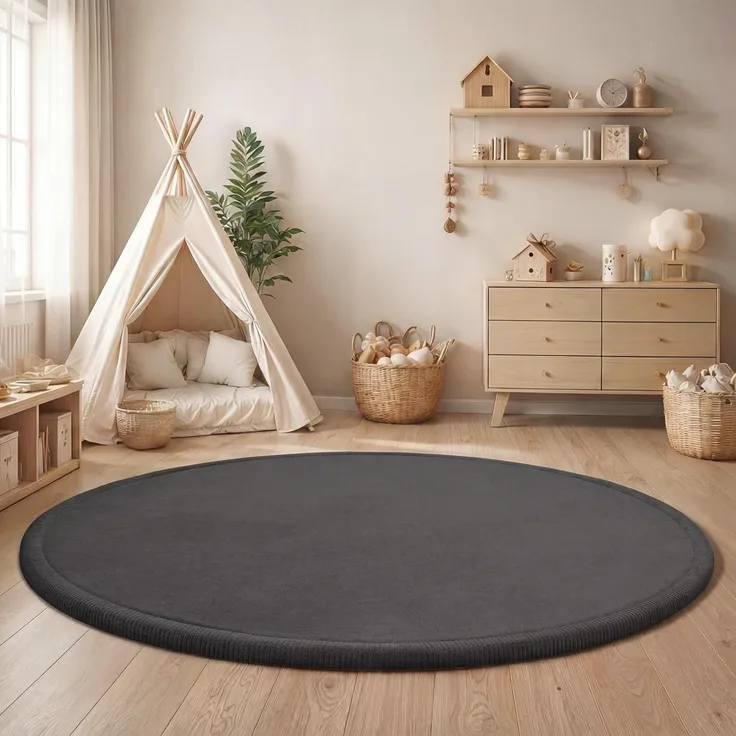 Paco Home Teppich Kinderzimmer Kinderteppich Baby Spielteppich Krabbeldecke Krabbelmatte Weich rutschfest Jungen Mädchen Deko, Grösse:200 cm Rund, Farbe:Anthrazit
