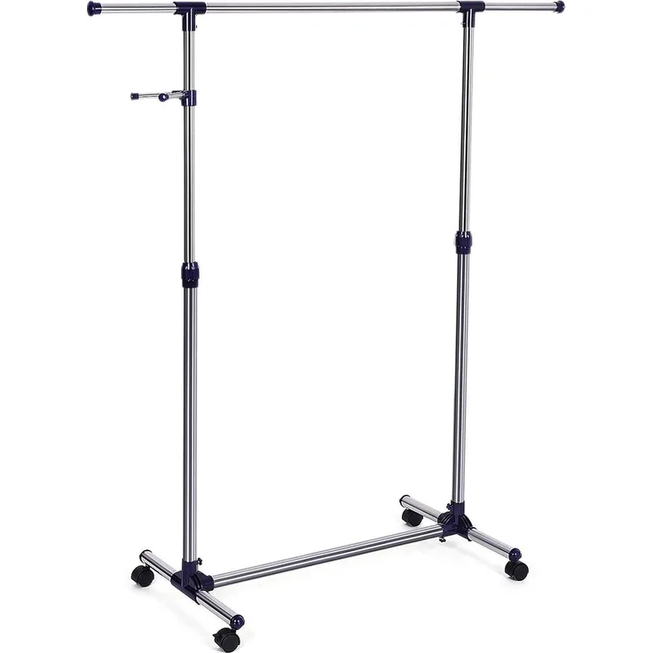 Songmics Kleiderständer, Garderobenständer auf Rollen, Rohre mit Edelstahlbeschichtung, mit ausziehbarer Kleiderstange, seitliche Haken für Accessoires, höhenverstellbar 97-165 cm, Blau