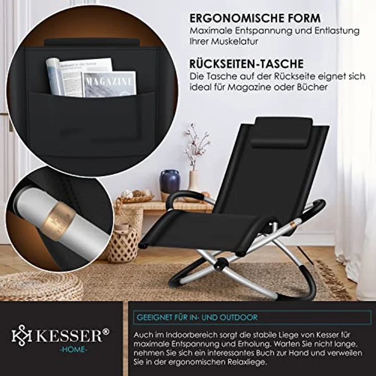 KESSER® Relaxliege Liegestuhl | Gartenliege Sonnenliege | Gartenstuhl | Klappstuhl faltbar | Schwungliege | Schaukelsessel | ergonomische Relaxsessel | wetterfest | 180 kg Belastung Schwarz – Bild 8