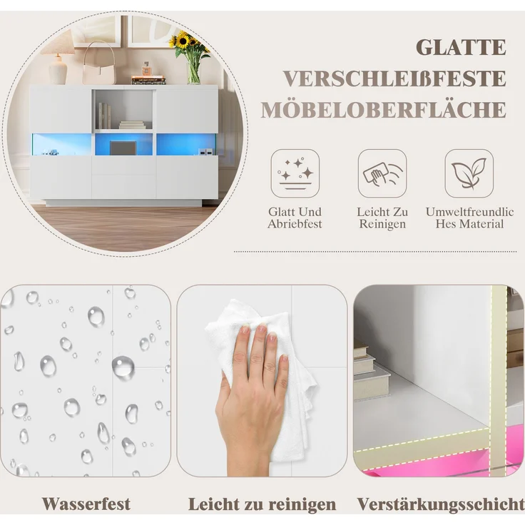 Wohnzimmerschrank aus Holzwerkstoff mit Glasvitrine & LED, 140x35x75 cm, Weiß – Bild 7