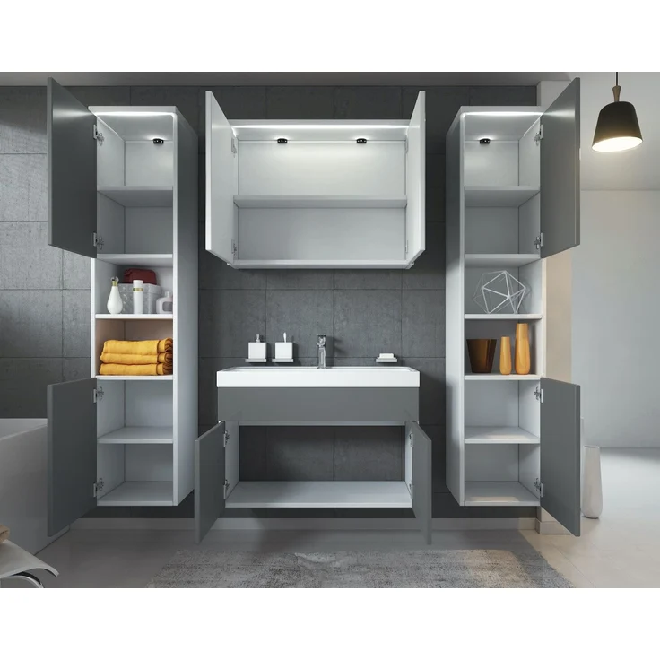 Badplaats Badmöbel Komplettset Paso XL LED 80x40 cm Weiß mit Grau Hochglanz - Badezimmermöbel mit Waschbecken, Spiegelschrank und 2 Badezimmerschränke – Bild 3
