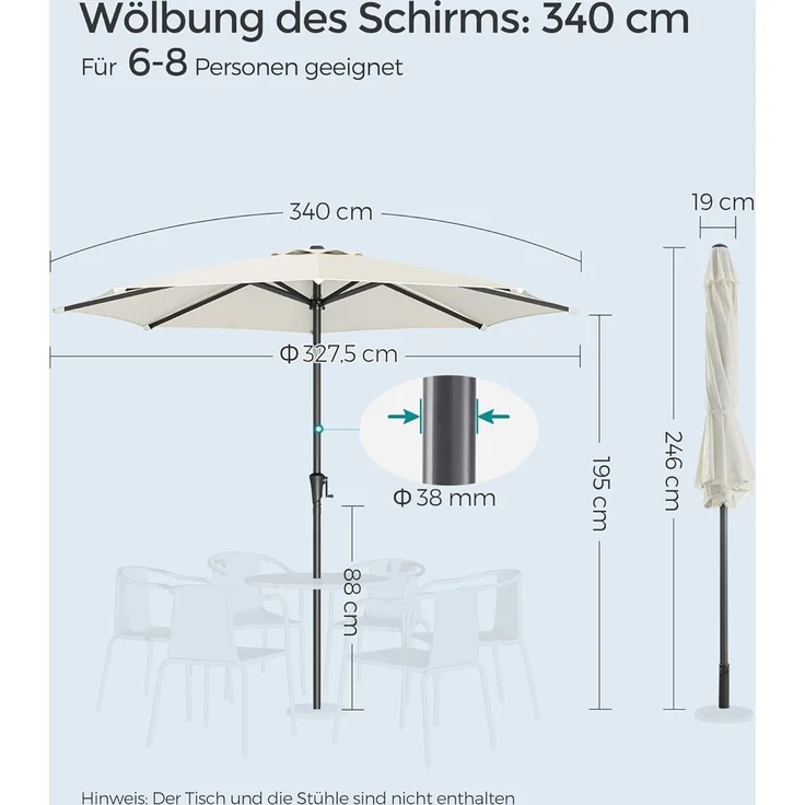 SONGMICS Sonnenschirm 340 cm, UPF 50+, Strandschirm, beidseitig um 30° knickbar, Sonnenschutz, mit Kurbel zum Öffnen/Schließen, für Terrasse, Balkon, Pool, ohne Ständer, beige GPU045M01 – Bild 7