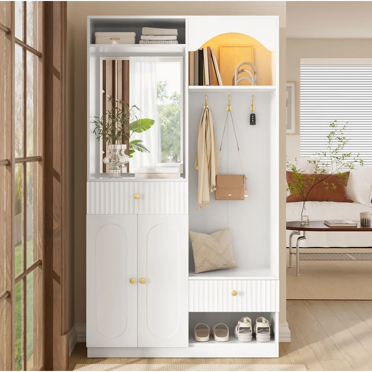 DESVIAE Garderobenschrank mit Sitzbank, Spiegel und LED-Beleuchtung 100x180x35 cm MDF Weiß – Bild 4