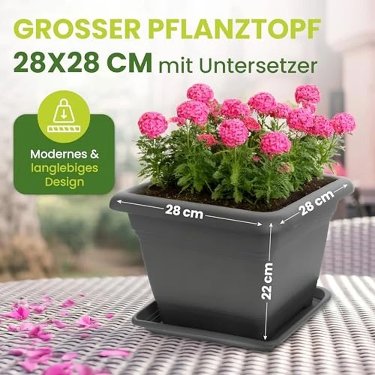 2friends Pflanzkübel 4er Set Anthrazit Pflanzkübel Eckig Blumentopf mit Untersetzer (28T x 28B x 22H cm), Stabile Kübel mit Ablaufsystem für Balkon & Garten – Bild 3
