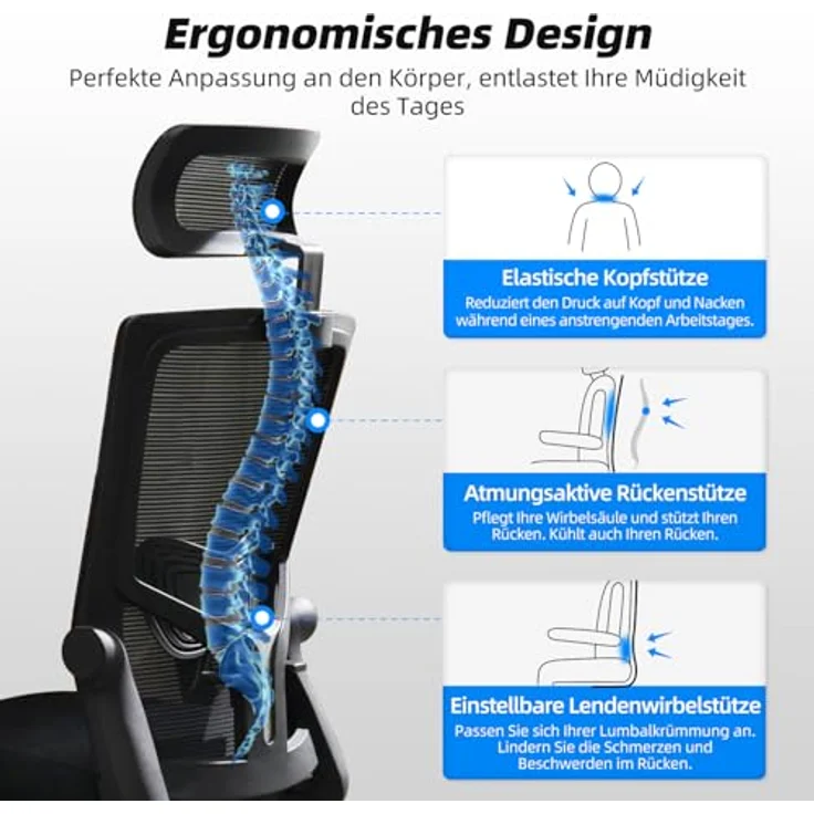 Daccormax Bürostuhl Ergonomisch, Schreibtischstuhl mit Verstellbarer Kopfstütze, Armlehnen, Lendenwirbelstütze, Drehstuhl Wippfunktion bis 135°, Chefsessel aus Mesh,Rückenschonend, Bürostuhl 150kg – Bild 5