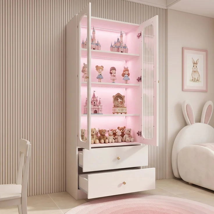 ZUBALIYA Glasvitrine, Küchenschrank, Aktenschrank, Sammelfiguren-Vitrine, 4 Ebenen Spielzeugschrank mit 2 Schubladen, LED-Leiste mit RGB-Farbwechsel per App steuerbar, goldene Metallgriffe, weiß, 60x35x170 cm – Bild 21