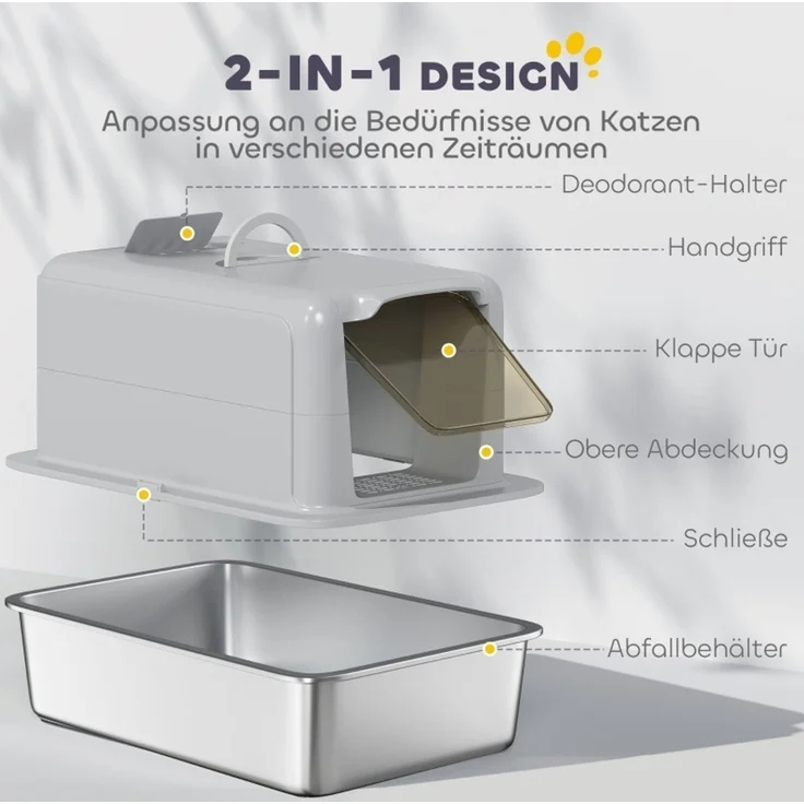 Katzentoilette aus Edelstahl mit Deckel und Streufilter, 40,5x60,5x41,5 cm, Grau – Bild 6