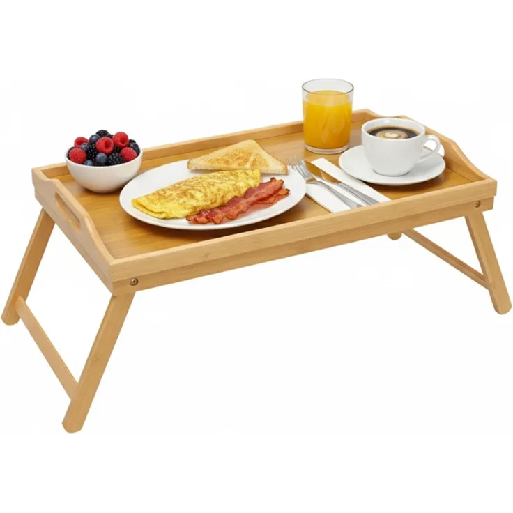 Servierbrett aus Bambus - Frühstücksbrett & Snacktablett mit Klappfüßen
