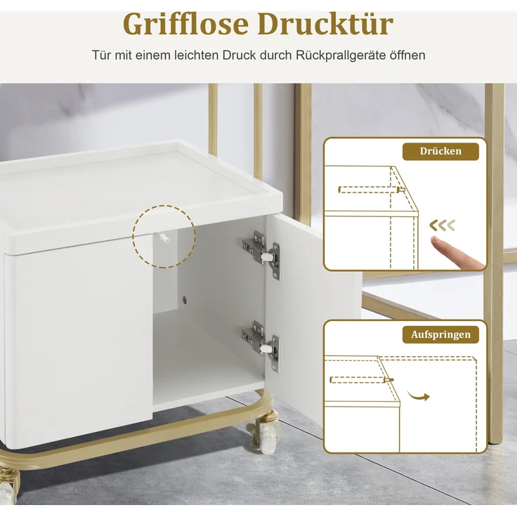 M MCombo Servierwagen mit Rollen & Schublade, Rollwagen Friseurwagen Weiß-Gold, Salon Trolley mit 2 Ablagen und Schrank, 0086 – Bild 5