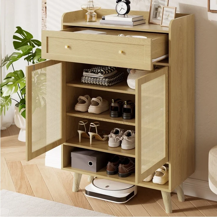 Flieks Schuhschrank mit 1 Schubladen, 2 Türen aus Rattan und verstellbarer Einlegeböden (1-St, 80x35x105 cm) Schuhkommode Mehrzweckschrank Sideboard mit 4 Fächern Natur – Bild 2