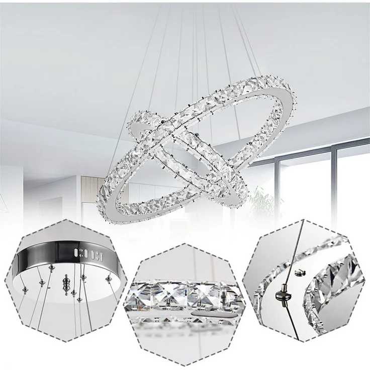 FIVMEN LED Deckenleuchte Pendelleuchten 48W/72W/96W Hängelampe Kronleuchter Dimmbar, LED fest integriert, Kristall Hängeleuchte 2 Ringe/3 Ringe – Bild 3